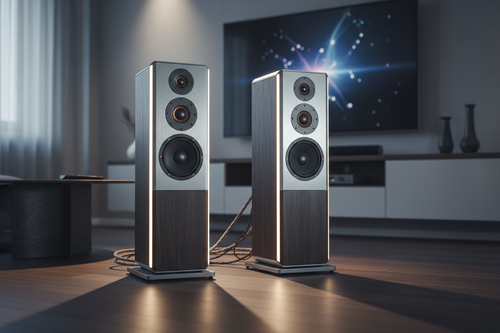 speakers in front of a tv, but highlight the speakers